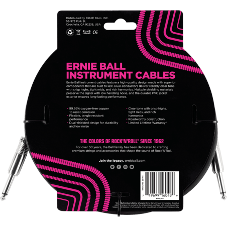 Câble jack guitare Ernie Ball 6048 noir droit/droit 3 m