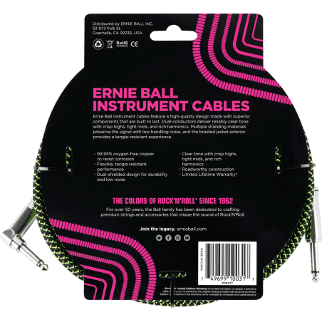 Câble jack guitare Ernie Ball 6077 tressé noir et vert 3 m
