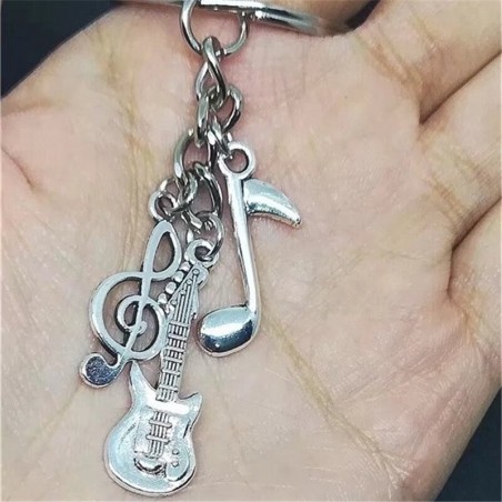Porte-clés guitare trio argenté 3 pendentifs clé note guitare