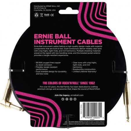 Câble jack guitare Ernie Ball 6081 droit/coudé tressé 3 m